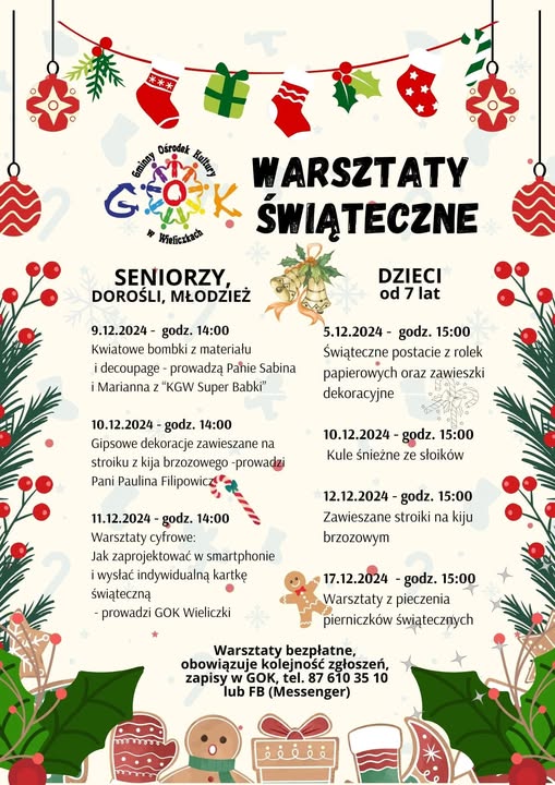 Gminny Ośrodek Kultury w Wieliczkach zaprasza na warsztaty świąteczne.