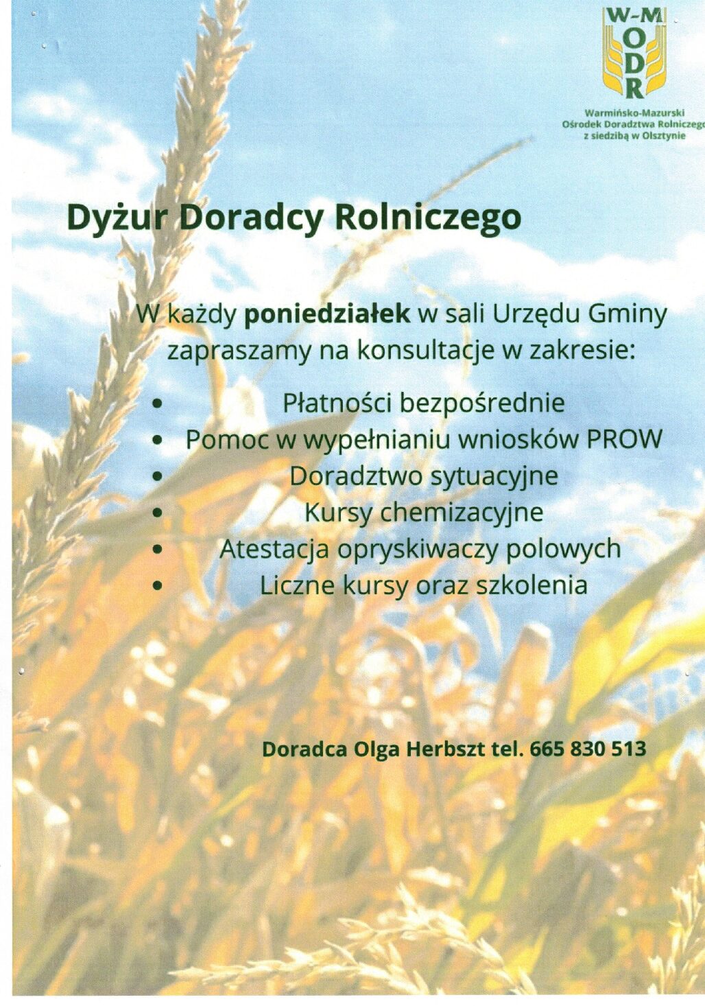 Dyżury Doradcy Warmińsko – Mazurskiego Ośrodka Doradztwa Rolniczego