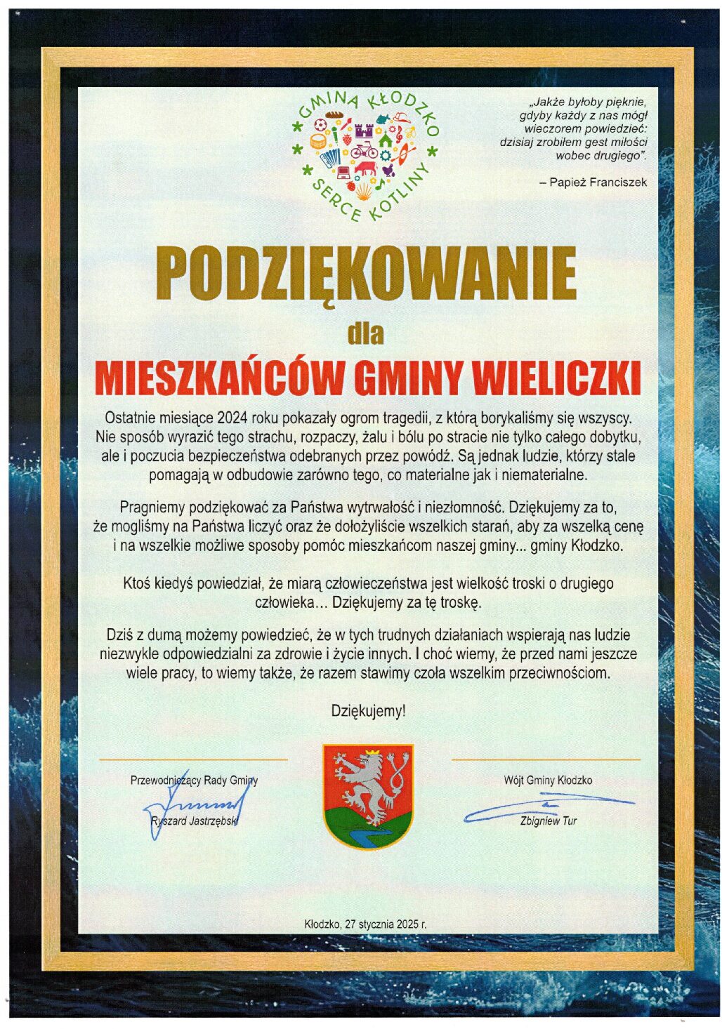 Podziękowanie mieszkańcom Gminy Wieliczki