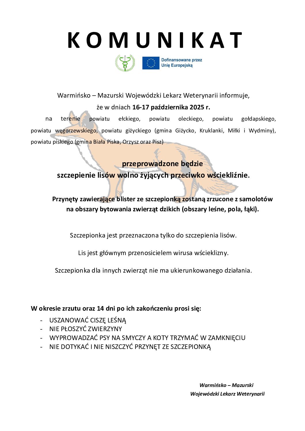 Szczepienia lisów – komunikat Powiatowego Lekarza Weterynarii