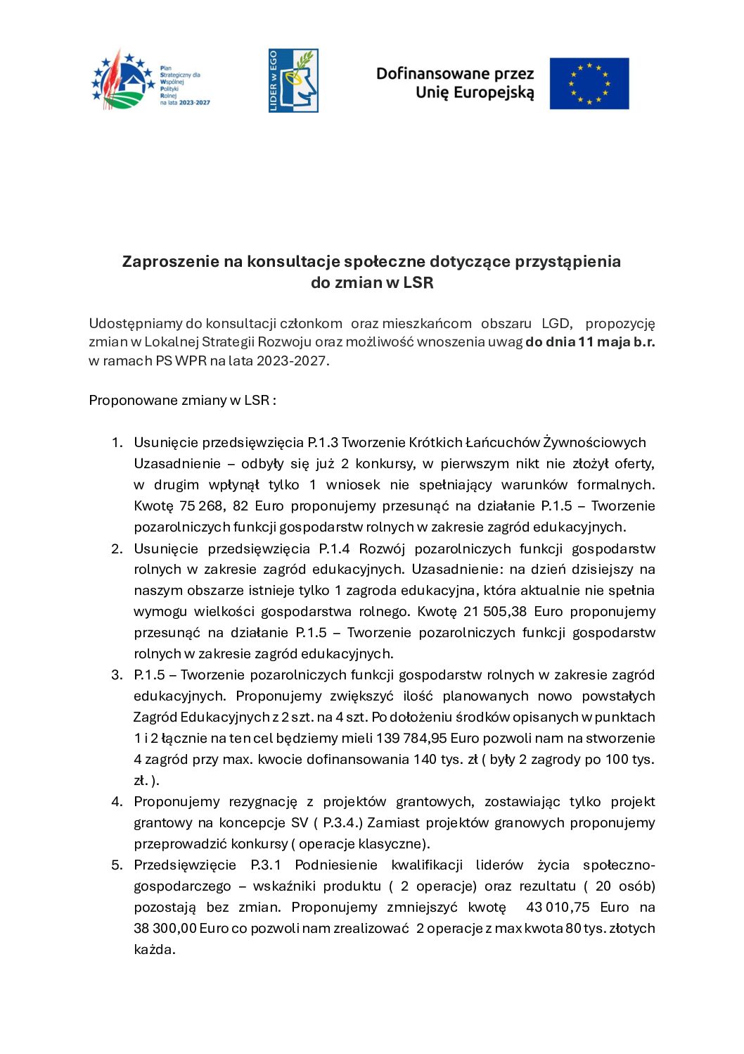 Zaproszenie na konsultacje społeczne dotyczące przystąpienia do zmian w LSR