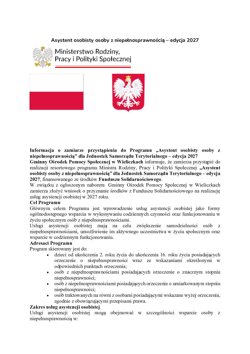 Program „Asystent osobisty osoby z niepełnosprawnością” dla Jednostek Samorządu Terytorialnego – edycja 2027